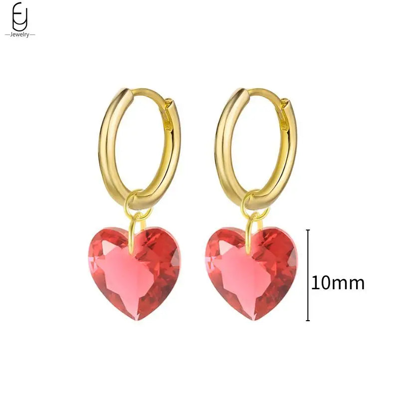 925 Sterling Silver Needle Rose Red Crystal Stud Earrings For Women Water Drop/Heart Pendant Gold Earrings Fashion Jewelry Gifts