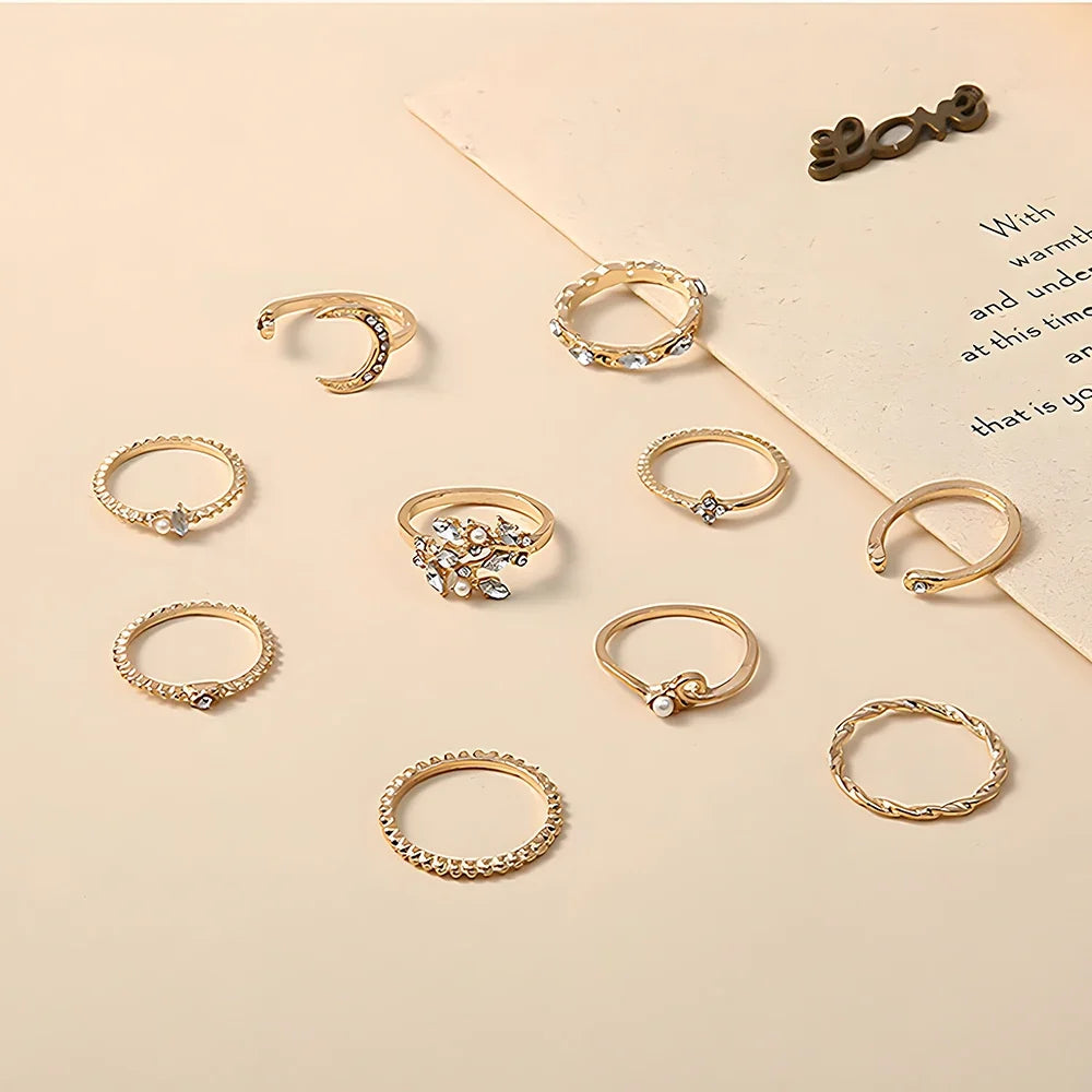 10pcs Rings Suit for Women Gold-Color Chain Ring Set Bohemian Style