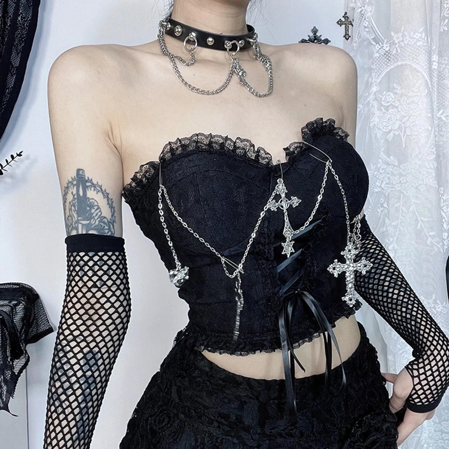Gothic Cross Chain Crop Tube Top Women's Harajuku Lace Trim Strapless Tank Tops Y2K Clothes Punk E Girl Hippie Party Grunge Tops