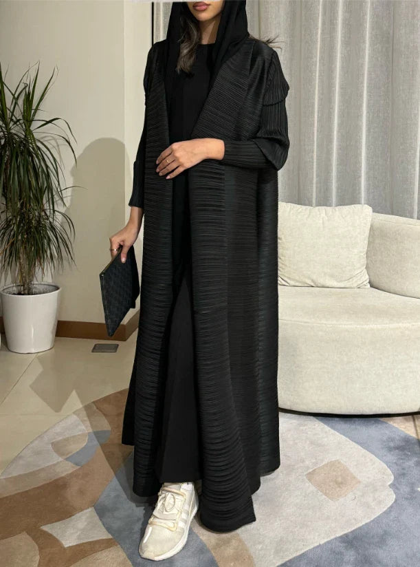 Miyake Pleated abaya with Turn-down Collar, Long Sleeve, Vintage Printed Design, Plus Size