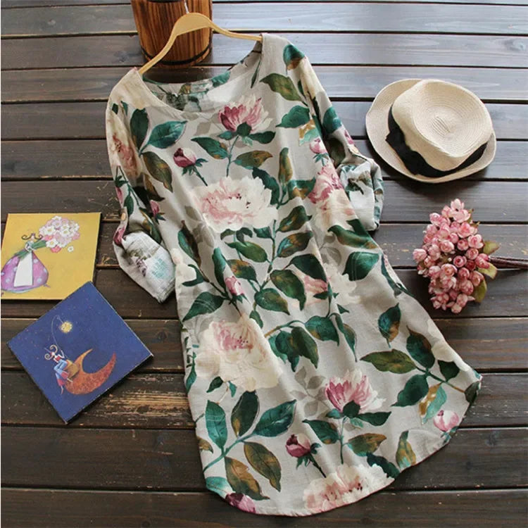 2023 New Women Loose Floral Print Dress Ladies Mini Dress Summer Casual Party Dresses Long Sleeve Dress Plus Size