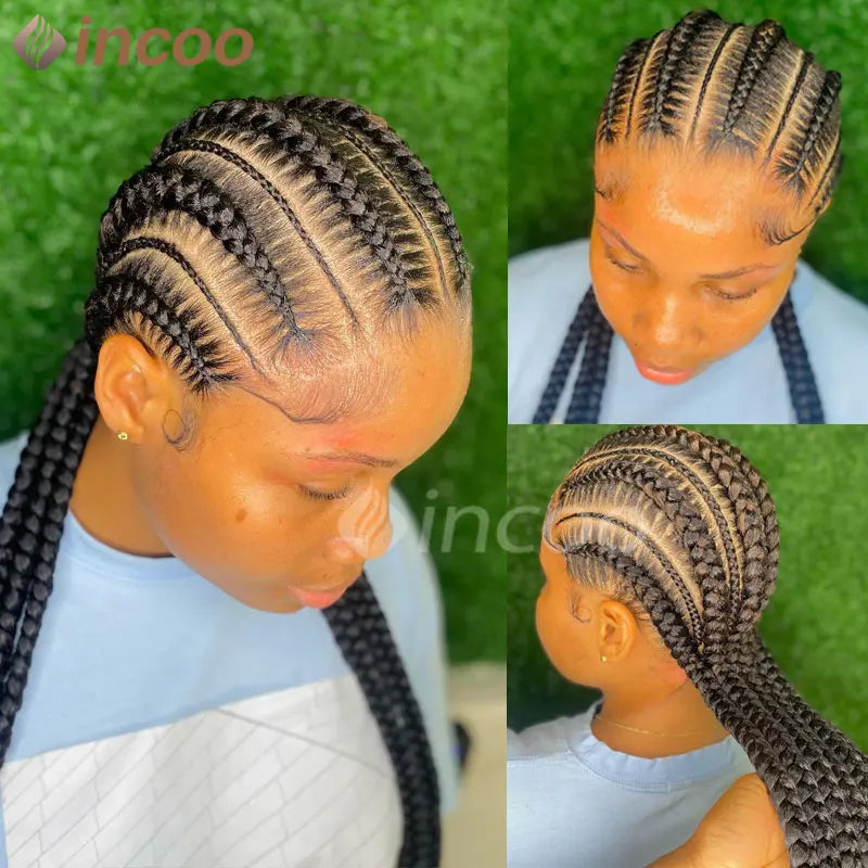 36 Inches Cornrows Braided Wigs Synthetic Full Lace Wig For Black Women Jumbo Braided Wigs Lace Frontal Faux Locs Box Braids Wig