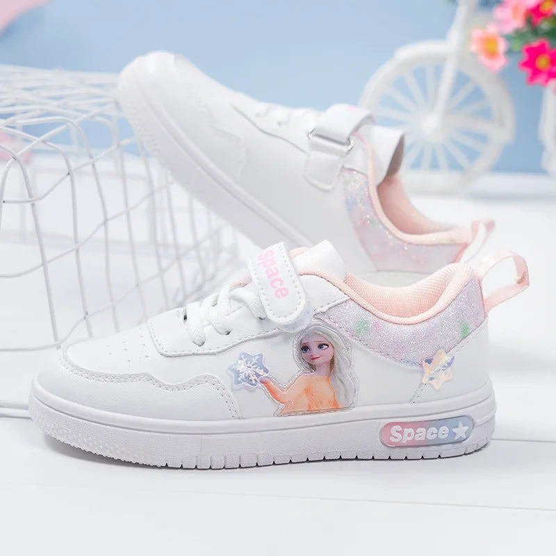 Disney Children's Shoes Elsa Frozen Princess Sports Shoes for Girls Kids Fashion White Shoes PU Breathable Casual Sneakers