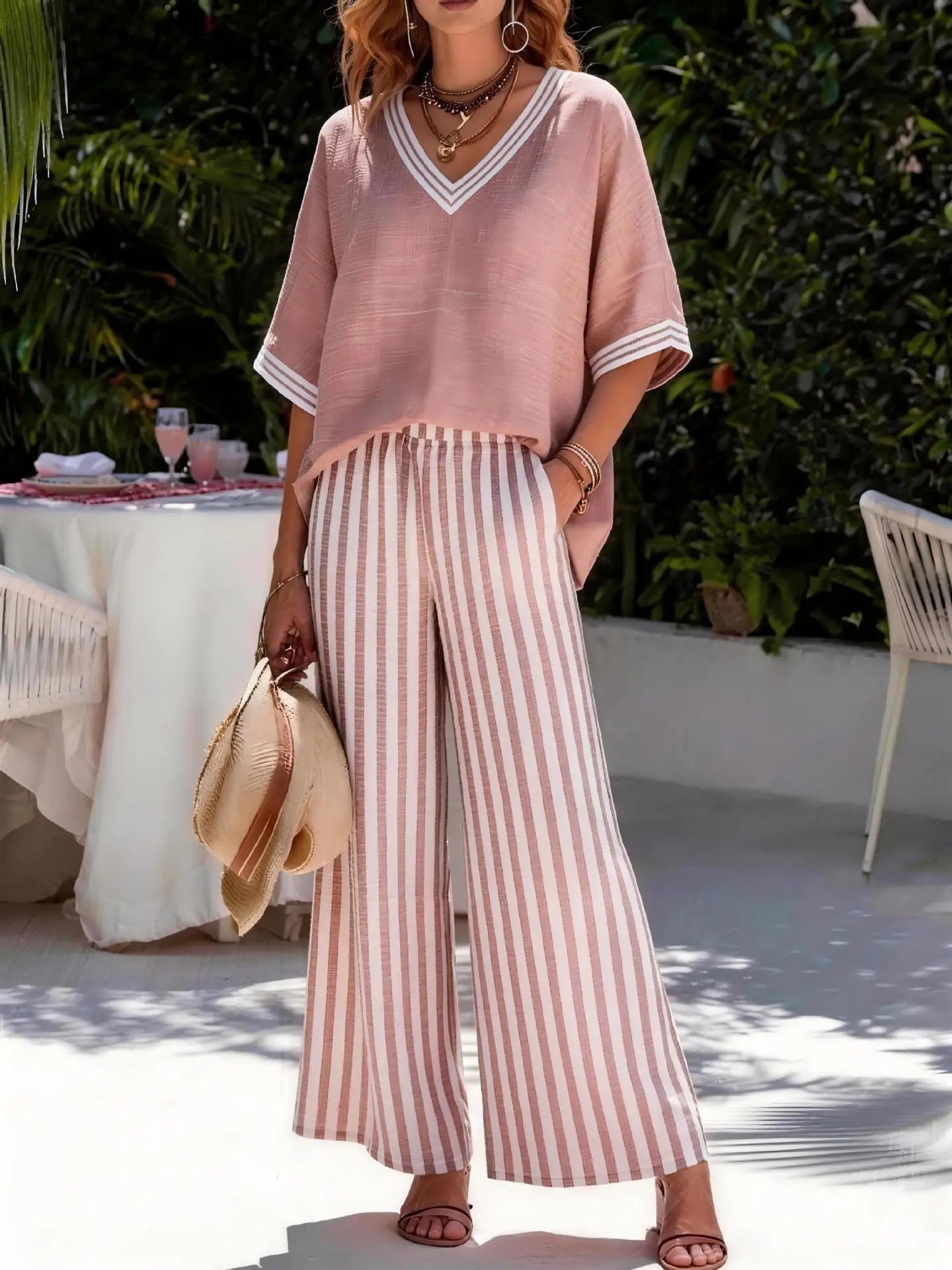 2026 Fashion Women's Casual Striped Comfortable Loose V-Neck Cotton Hemp Two-Piece Set