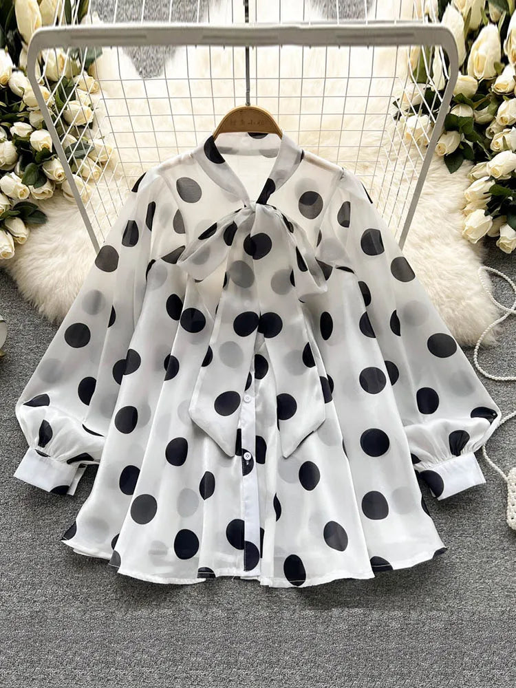 2023 Women's Spring Summer New All-match Chiffon Shirt Bow Tie Long-sleeved Polka Dot Western-style Top Blouse D999