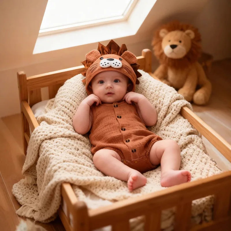 Newborn Baby Romper Knitted Hooded Lion Bodysuit Sleeveless Infant Jumpsuit Toddler Onesie Unisex Summer Outfit Button Playsuit