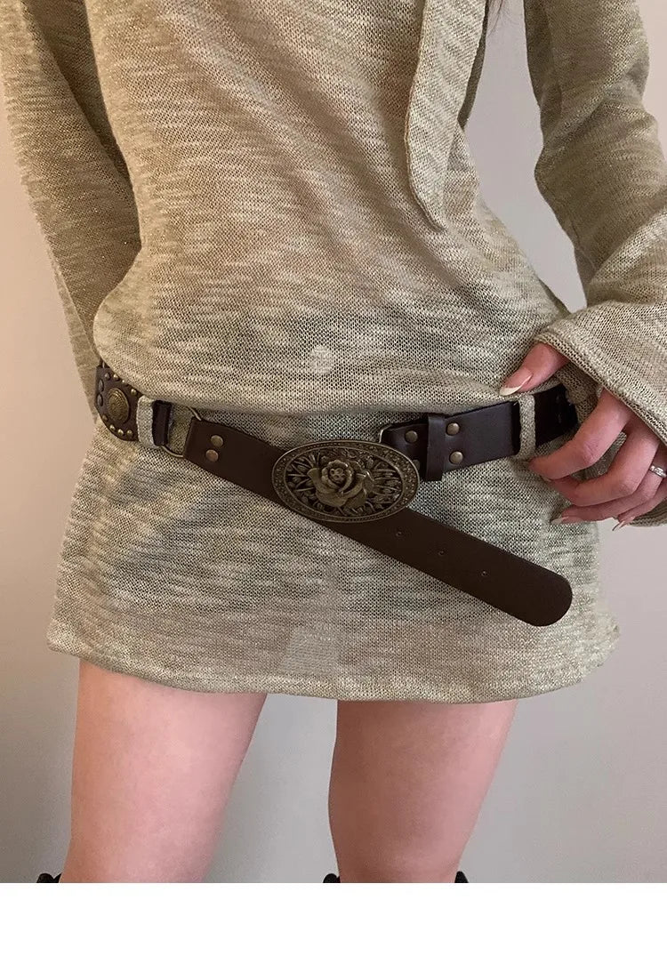 N Retro Ethnic Belt Y2K Bohemian Dress With a Wide Brown Belt