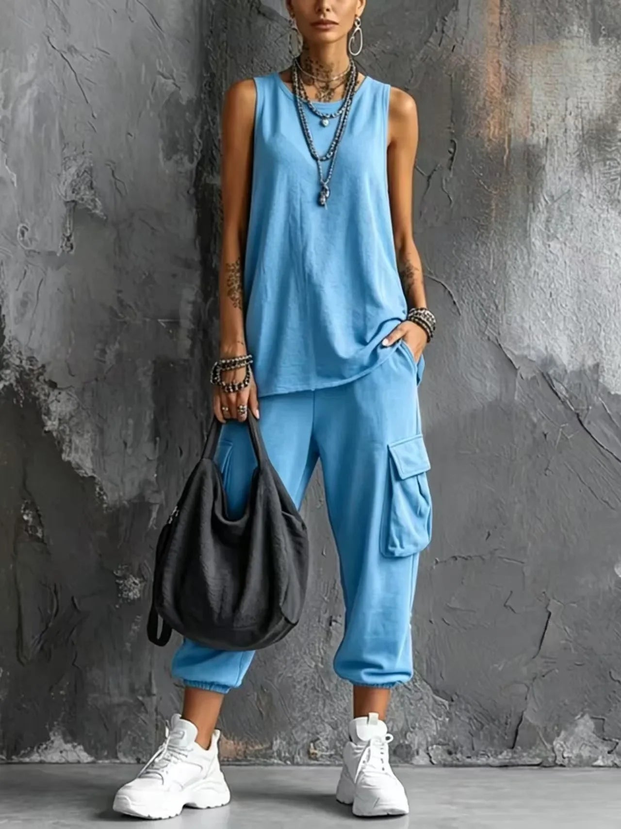 Solid Color Sports Two-piece Set Summer Fashion Sleeveless Top+wide Leg Pants Suit With Pockets Ladies O-neck Streetwear Outfit