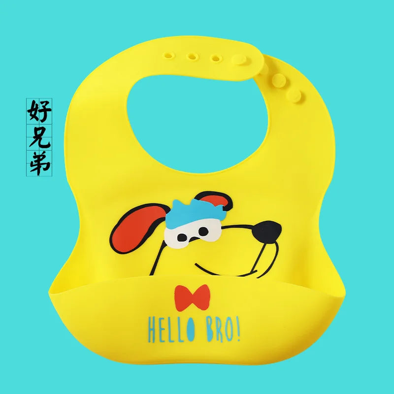 Cute Baby Bibs Waterproof Silicone Bib Infant Toddler Feeding Saliva Towel Cartoon Adjustable Children Apron with Pocket Scarf