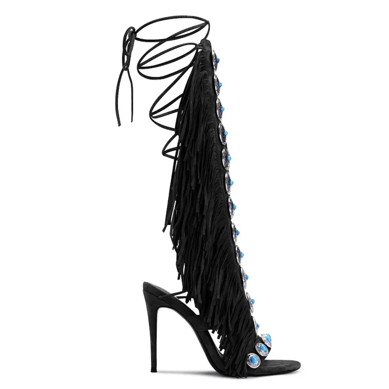Real cow suede leather  tassels women sandals peep toe jewel lace up 10cm high heels