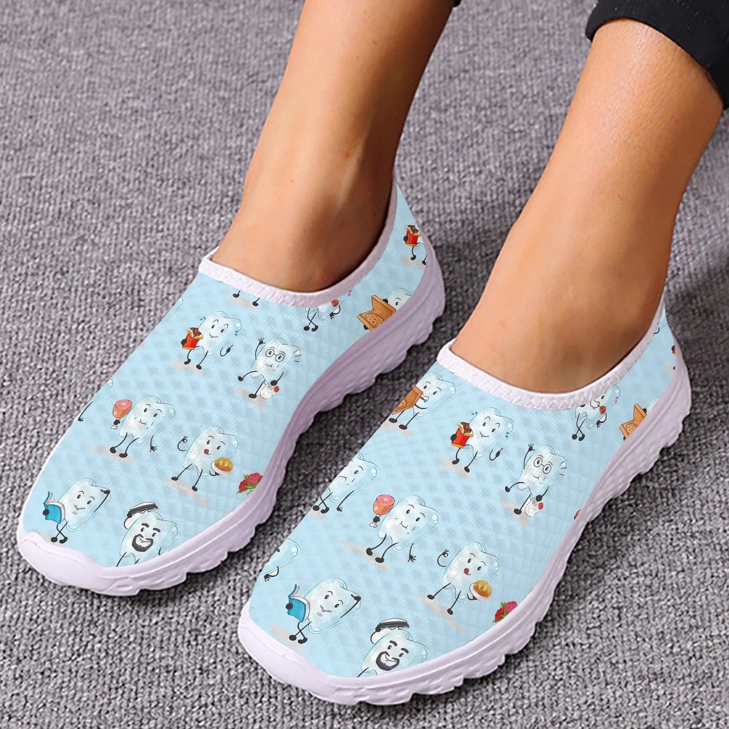 INSTANTARTS Cartoon Dental Loafers Pink Tooth Print Comfortable Breathable Shoes Medical Nurse Shoes Women's Slip On Shoes Flat
