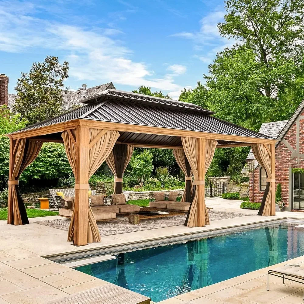 12x20 Gazebo, Hardtop Wood-Looking Gazebo with Galvanized Steel Double Roof, Patio Hardtop Gazebo with Netting and Curtains