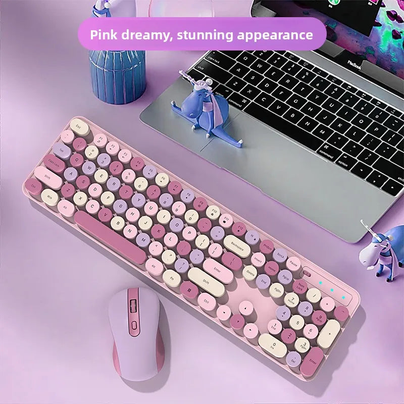 Wireless Keyboard Mouse Set High-Looking Girl Silent Office retro Cute Pink