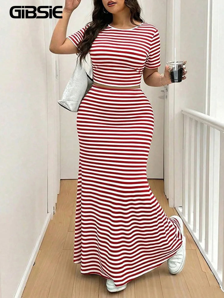 GIBSIE Plus Size Striped O-Neck Short Sleeve Crop Top Women Summer Mermaid Hem Long Skirts Set Female Casual Two Piece Outfit