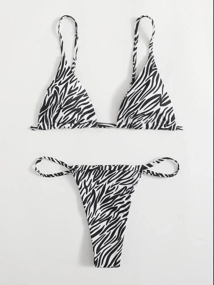 Sexy Triangle Split Swimsuit Striped Print Drawstring Women's Bikini Swimsuit