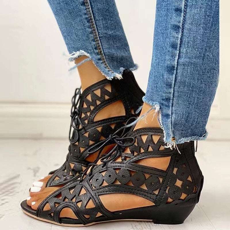 New Womens Gladiator Sandals Summer Retro Wedge Lace Up Mesh Shoe Casual Open Toe One Word Buckle Sandals Plus Size 36~42