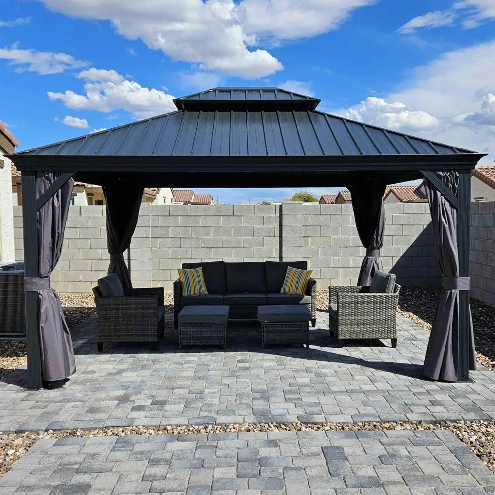 12' X 14' Hardtop Gazebo Aluminum Permanent Outdoor Gazebos with Galvanized Steel Double Roof for Patio Backyard Curtain, Gazebo