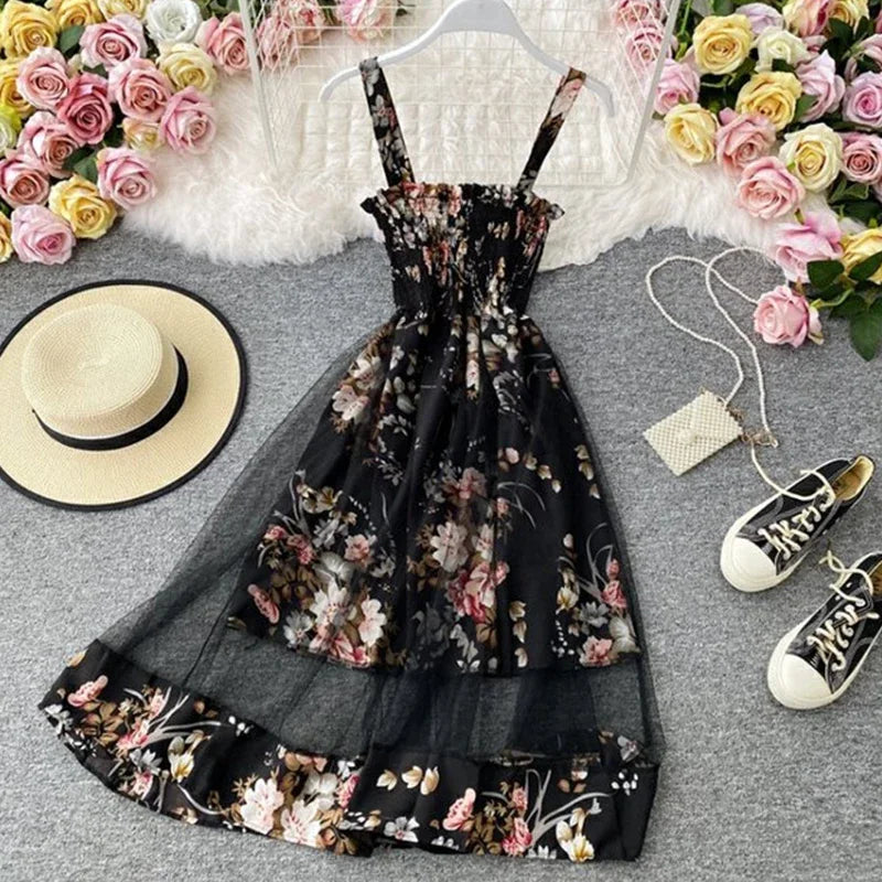 litmage Summer Women's Dress French Retro Square Neck Print Suspender Dress New Waist Lace Feamle Short Dresses HH293