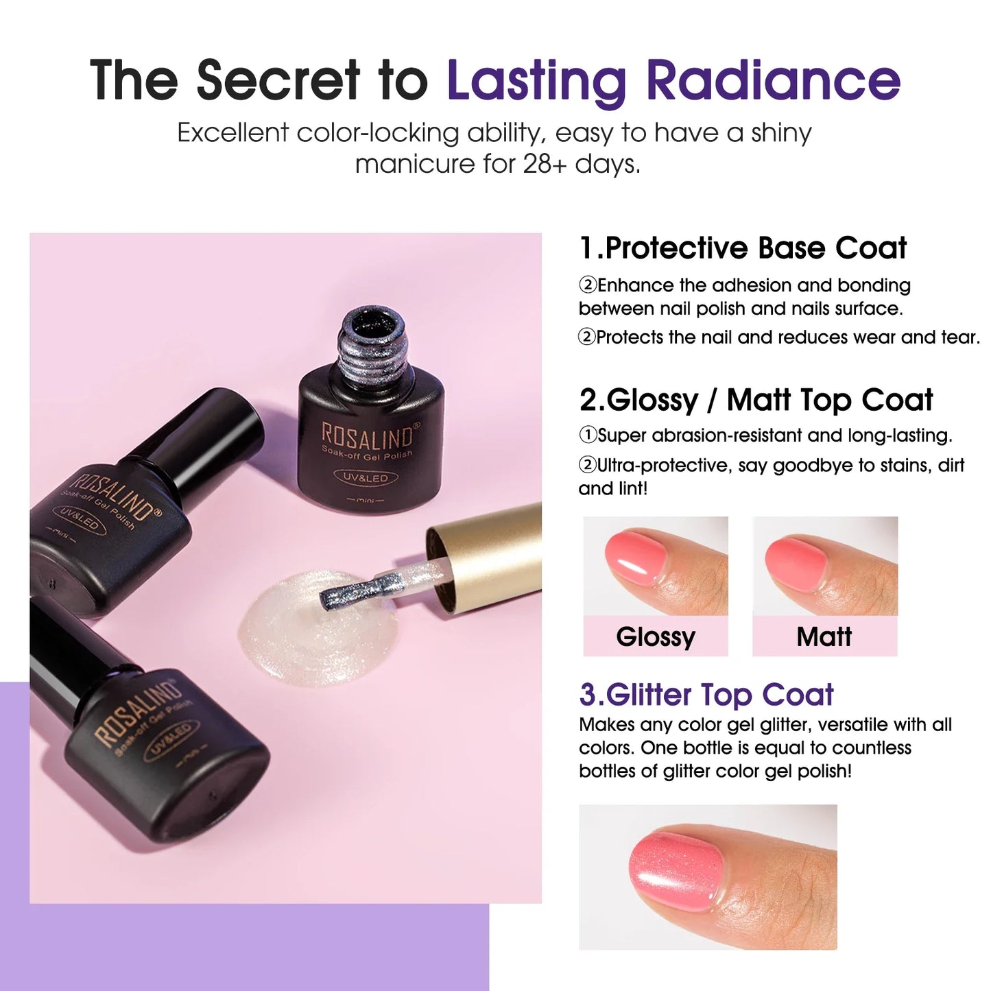 ROSALIND 24PCS Gel Nail Polish Set with Base and Top Coat Soak Off Nail Gel Kit Long Lasting