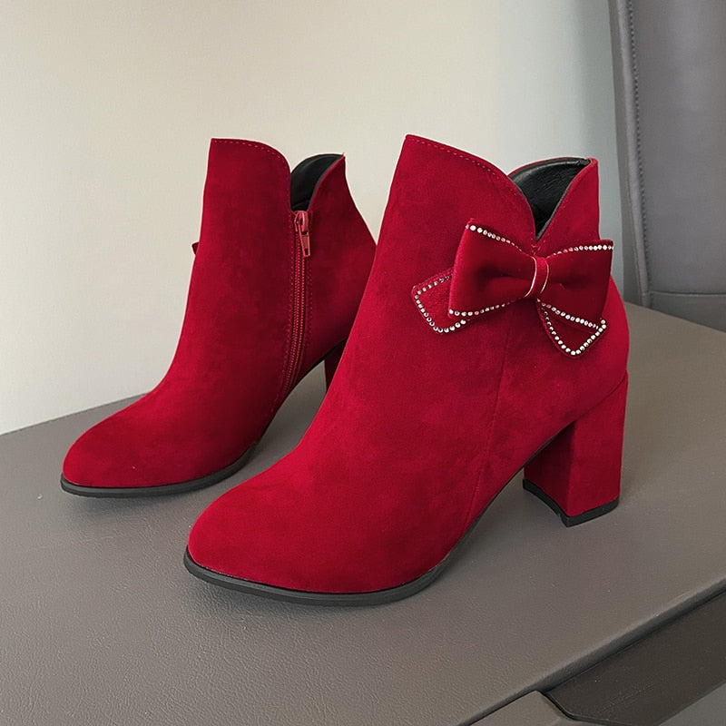 Women's Wedding High Heels Sexy Fashion Bow 2022 Winter New Warm Plush Ankle Boots Zipper Fleece Lined Pointed Toe Botas Mujer