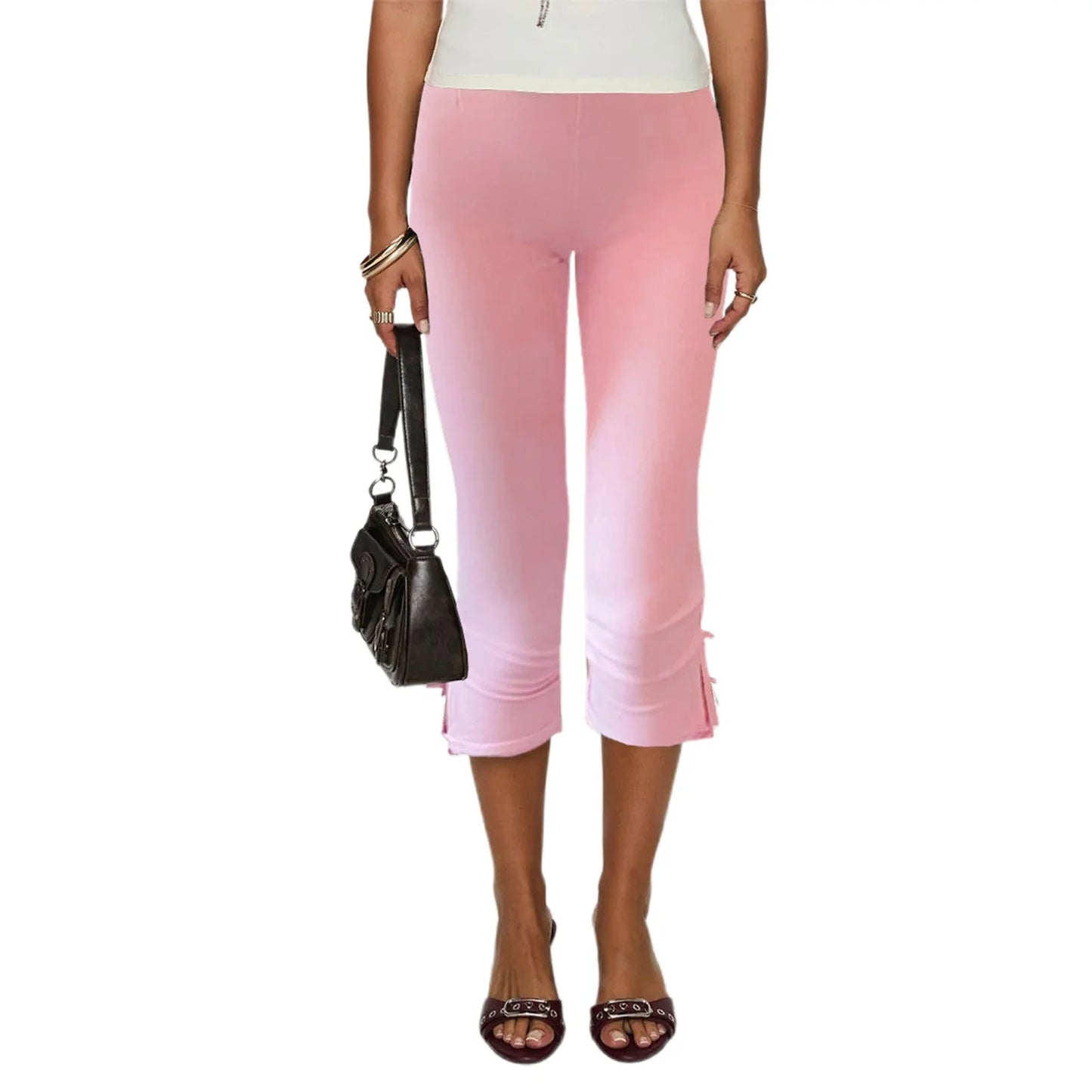 Women Capri Pants Solid Color Bow Decor Summer Casual Cropped Pants Stretch Crop Leggings