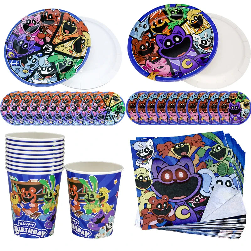 Smiling Critters Birthday Decorations Gamer Party Balloon Stickers Disposable Tableware Cup Plate For Kids Gifts Party Supplies