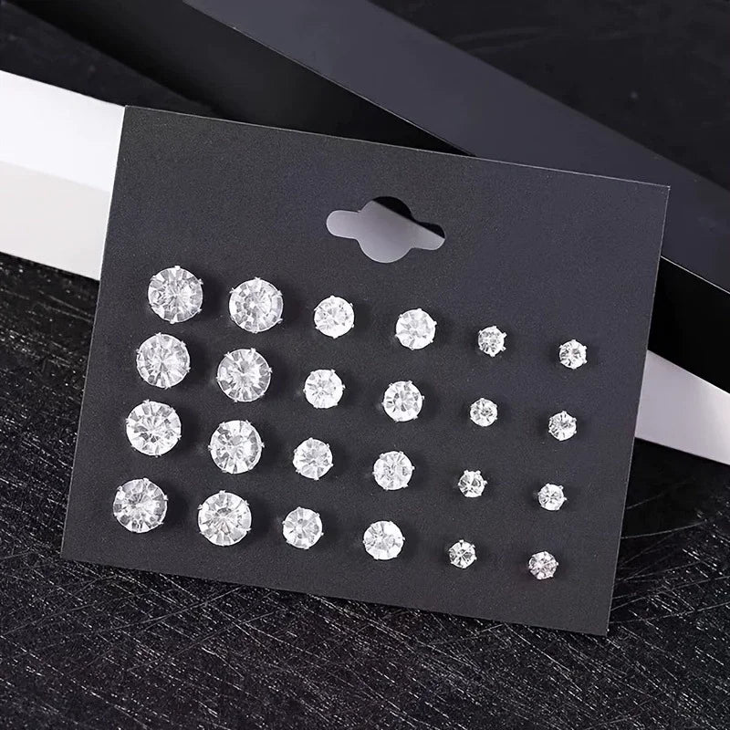 New 12 Pair Pack White Shiny Wedding Stud Earrings Set For Women Men Crystal Rhinestone Earrings Party Jewelry Accessories Gifts