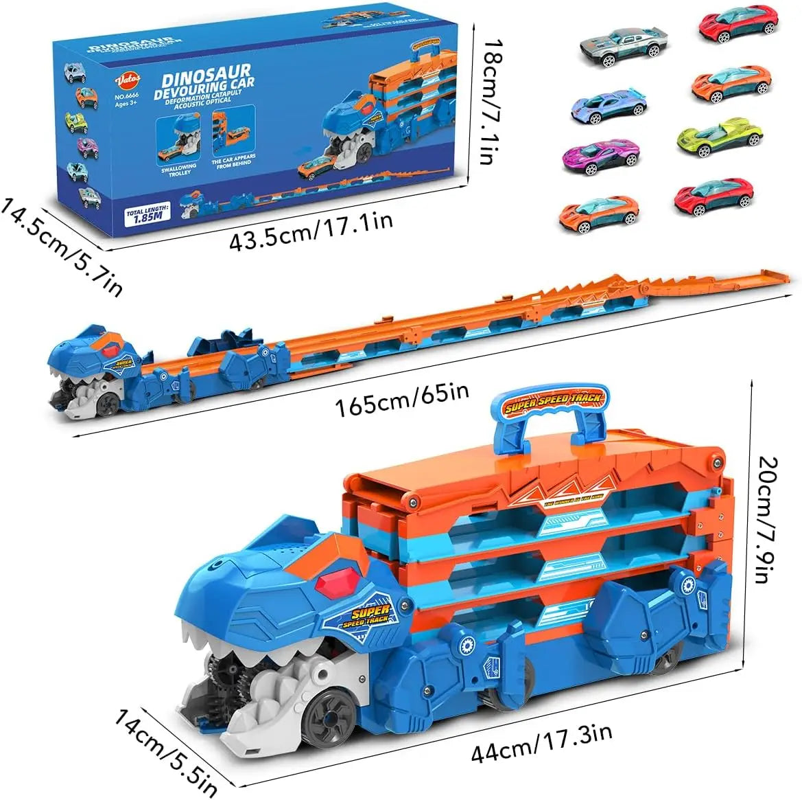 VATOS Dinosaur Transport Truck Car Toy 2 In 1 Ejection Folding Track Toy With Sound Portable 8 Race Cars Set for Kids Boys Gift