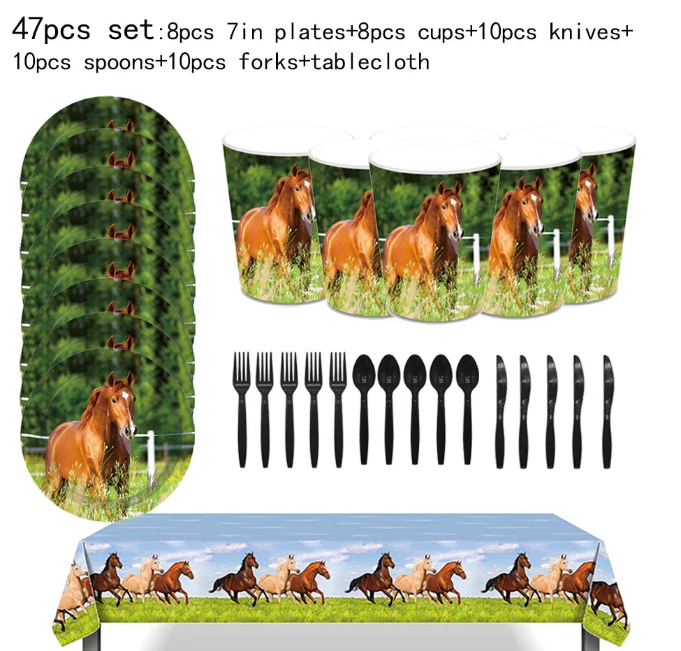 Horse Pony Disposable Tableware Set Birthday Party Supplies Plates Cups Napkins and Decorations