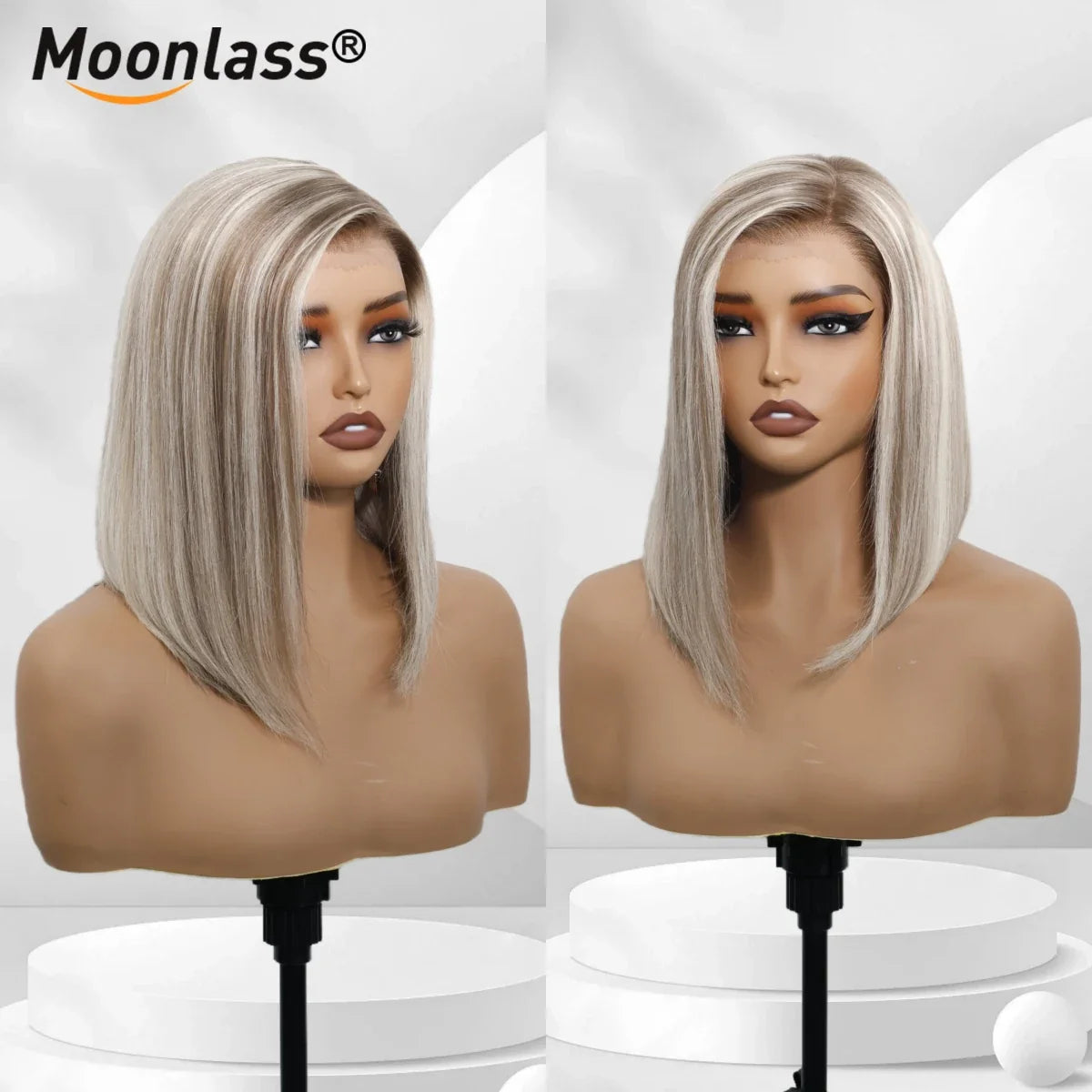 Moonlass Highlight Velvet Grey Gold Short Bob 100% Human Hair Wig 190% Density Salon Hair Color Wig 13x6 Upgrade Nude Lace Wigs
