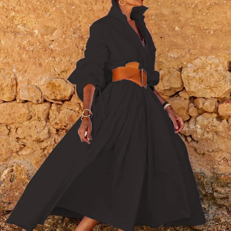 2024 Autumn New Women's Clothing Solid Color Fashionable Temperament Long Sleeved Sleeve Lace Up Casual Mid Length Lapel Dress
