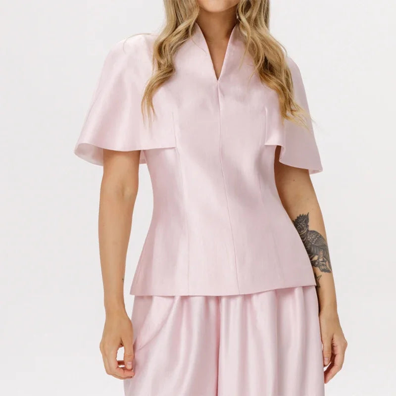 Elegant Women's Top Pant Sets Summer V-neck Short Sleeve Top High Waist Wide Leg Pant Female Suit 2026 Fashion Lady Suits