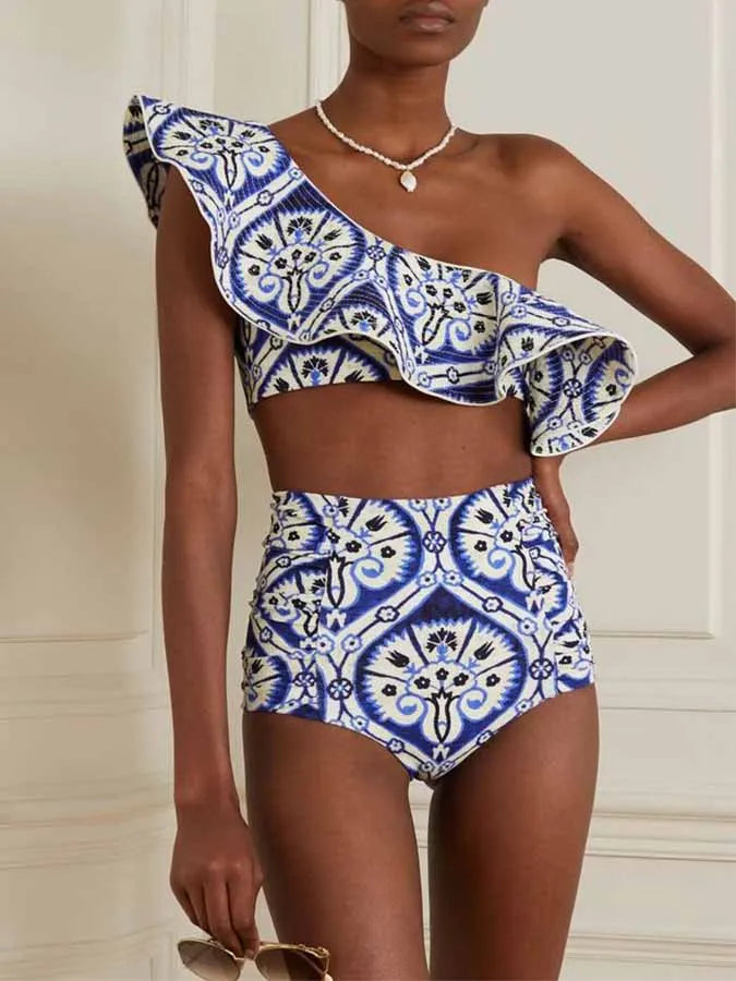 Women's Printed Ruffle Swimsuit Fashion One Shoulder Slash Breasted Bikini Two Piece High Waisted Tummy Tuck Beachwear 2024 New