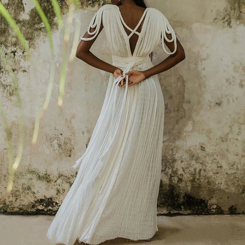 Sexy Deep V-neck Bandage Robe Long Dress 2024 Women Elegant High Waist Split Solid Party Dress Summer Fashion Pleated Maxi Dress