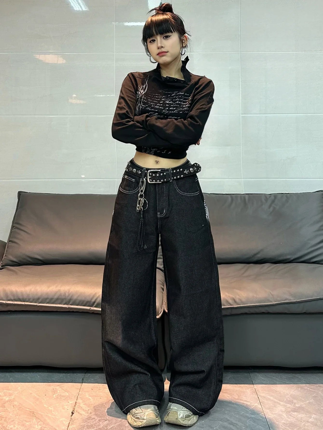 American Retro Angel Wings Print Black Women's Loose Wide-Leg Jeans Y2K Street Hip-Hop Trend Versatile Straight Trousers
