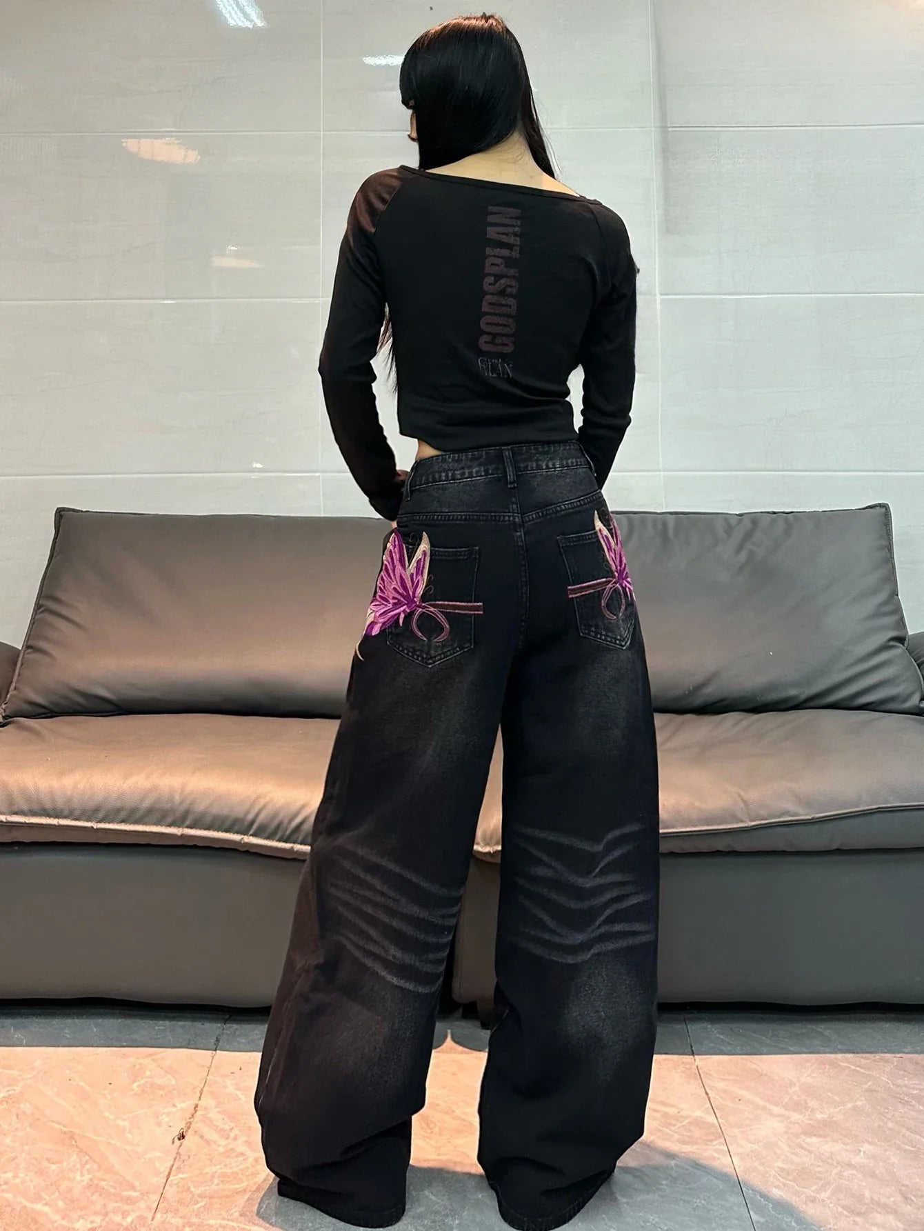 American Vintage Butterfly Embroidery Design Black Women's Loose Wide-Leg Jeans Y2K Street Fashion Versatile Straight-Leg Pants