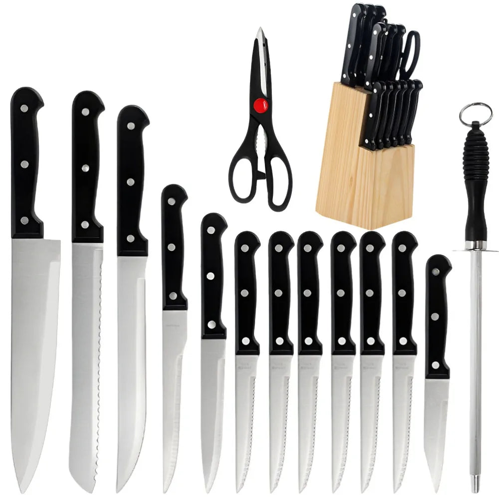 ZENG Full 15pcs Chef Knife Set, Stainless Steel Kitchen Knives Sets with Scissors, Sharpening Rod, Solid Wood Holder.