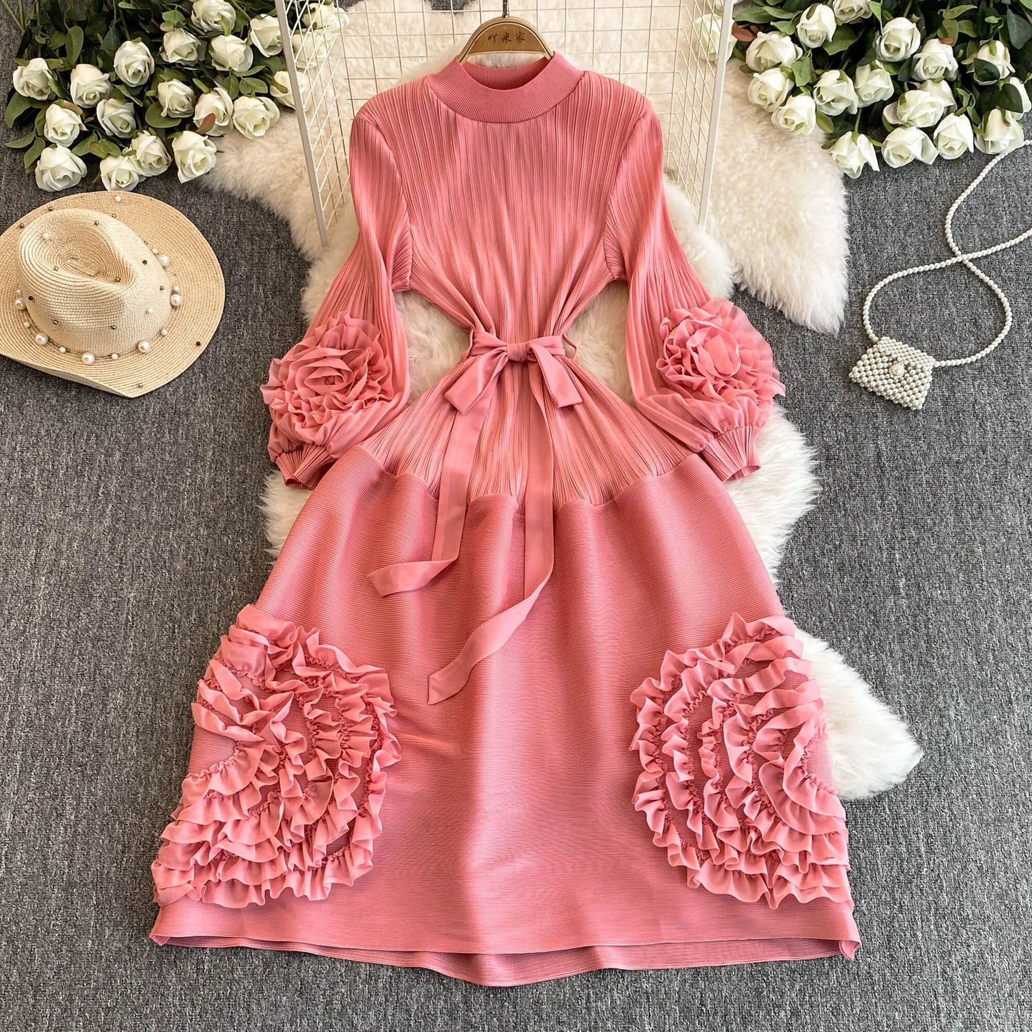 XFPV Women's Pleated Lace Elegant Temperament Lace Up Puff Sleeves High Waisted Dress Vestidos Y2k Fashion Spring Autumn 2024