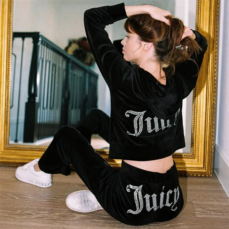 Velour Juicy Sewing Suit Hoodies Velvet Zipper Sweatshirt and Pants Set Sportswear 2023 Women's Spring/Fall Tracksuit Crop Top