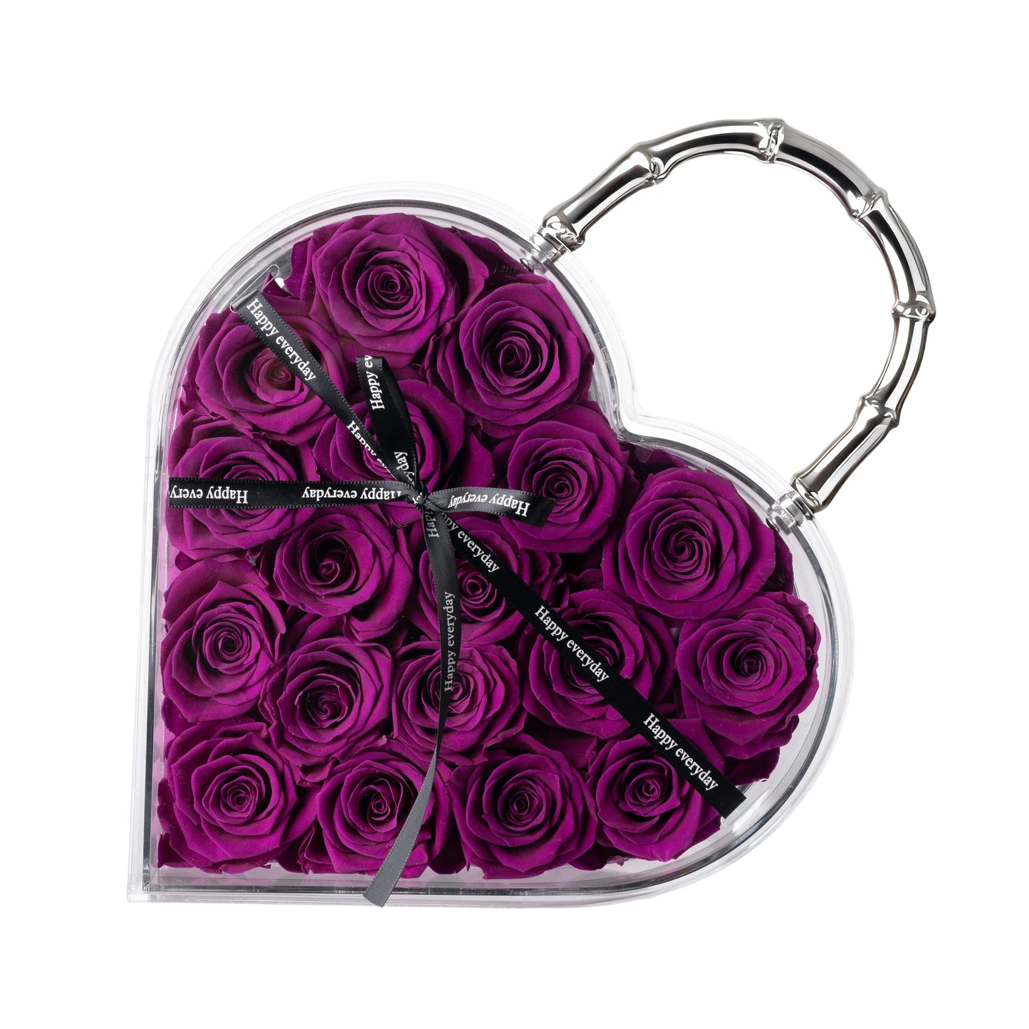 18 Preserved Roses in Heart Acrylic Display Case with Handle, Home Decor & Holiday Gift for Women, Anniversary, Valentine’s Day