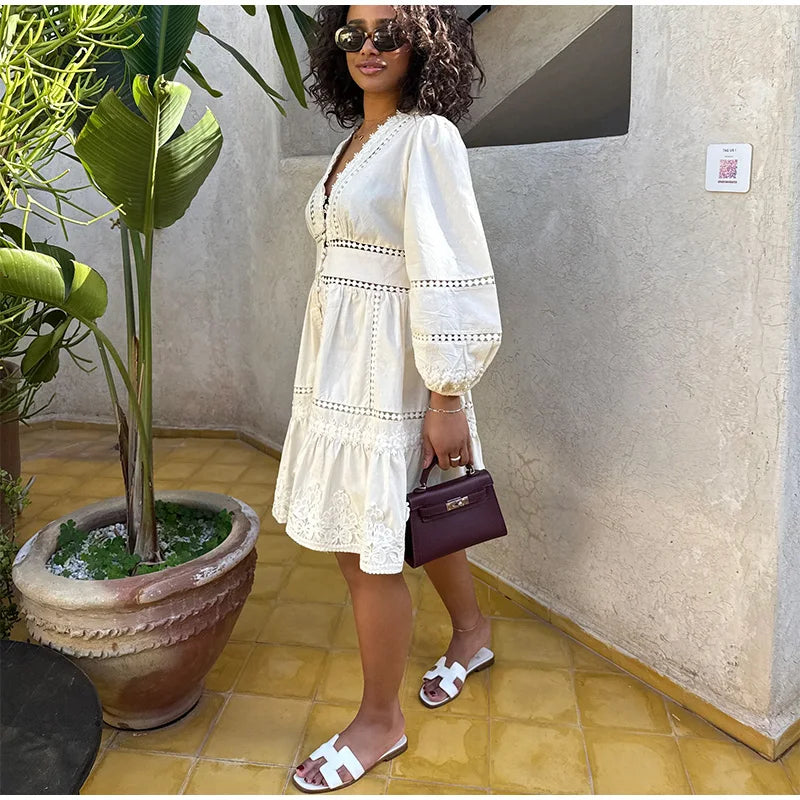 Elegant Lace Hollow Out Women's Long Dress Solid V-neck Patchwork Puff Sleeve Bodycon Dressess Female 2025 Spring New Lady Robes