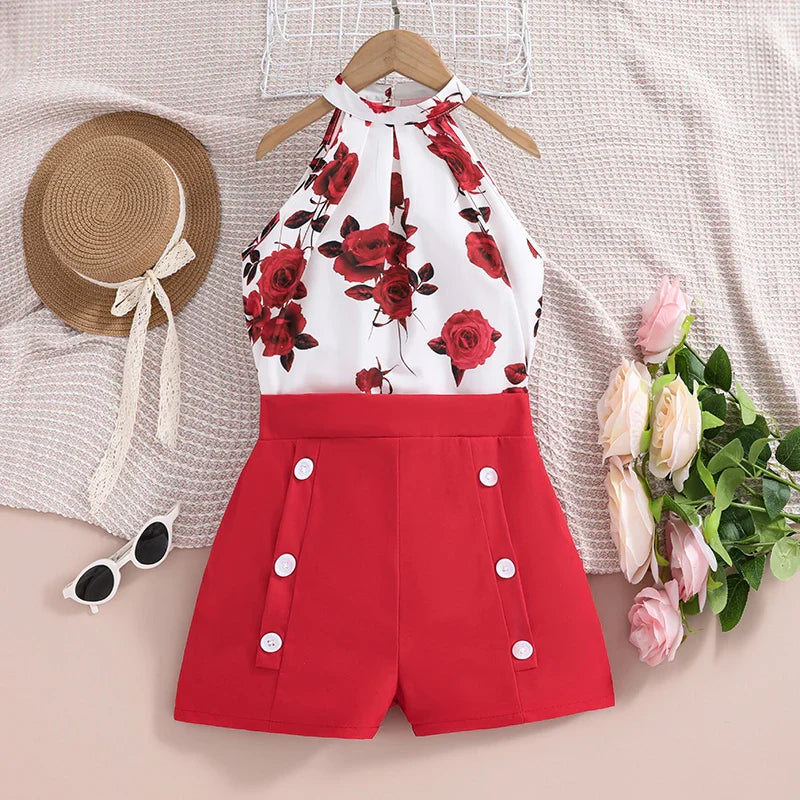 Kids Clothes Children Sets  For Little Girls 4-7 Years Fashion Temperament Hanging Neck Sleeveless Print Top Suit Shorts Suit
