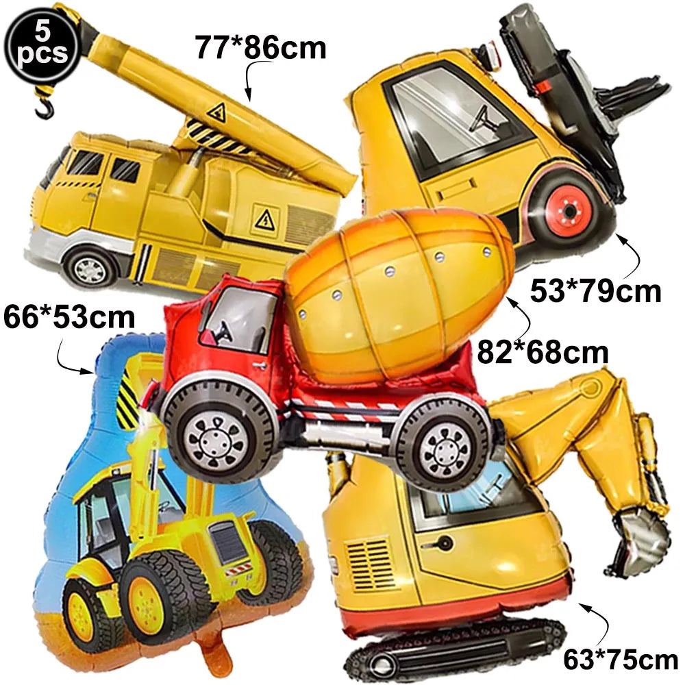 5pcs Construction Themed Balloon Carton Vehicle Balloon Excavator Forklift Crane Balloons for Boy's Construction Birthday Party