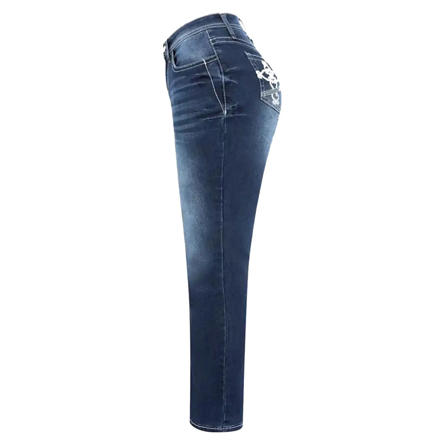 Womens Jeans Mid Waisted Straight Leg Long Pants Stretch Juniors Jeans Washed Back Pocket Embroidered Slim Fit Jeans For Women
