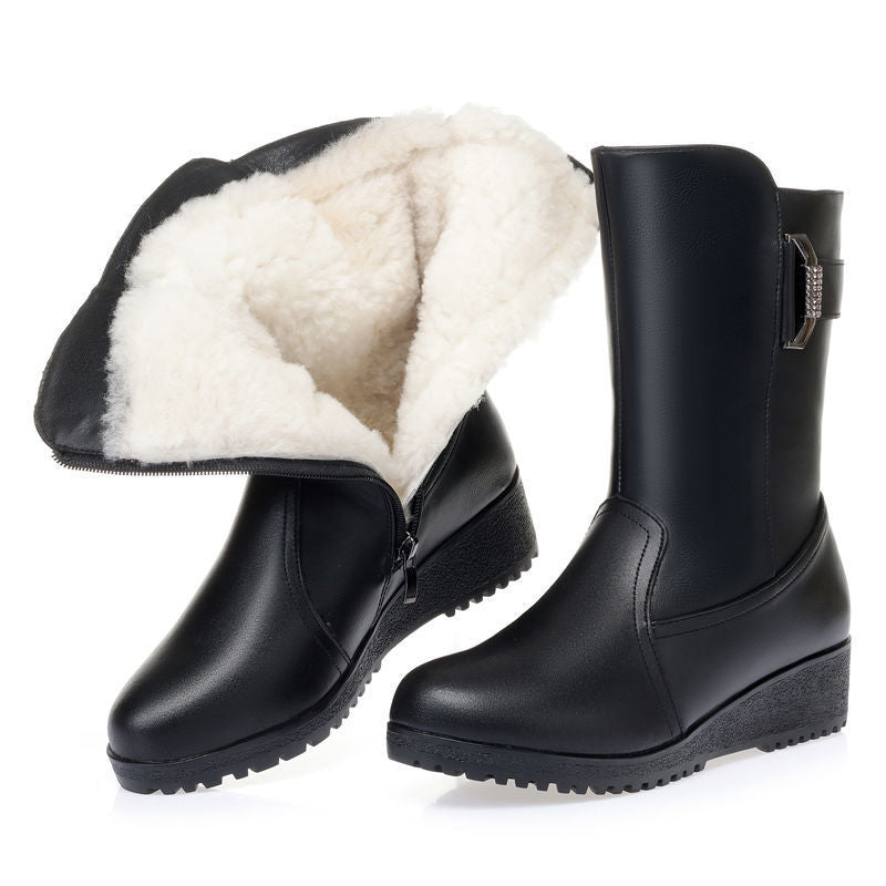 Winter Leather Women Winter Boots Thick Wool Warm Women High-heeled Genuine Boot High-quality Female Snow Boots Women Shoes