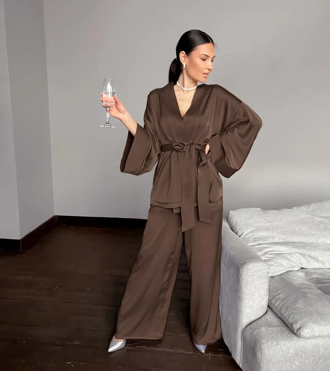 Women's 2024 Matching Sets Pajamas With Belt Satin Tow Pieces Suit Soft Loose Pyjamas Casual Solid Sleepwear Female Home Clothes