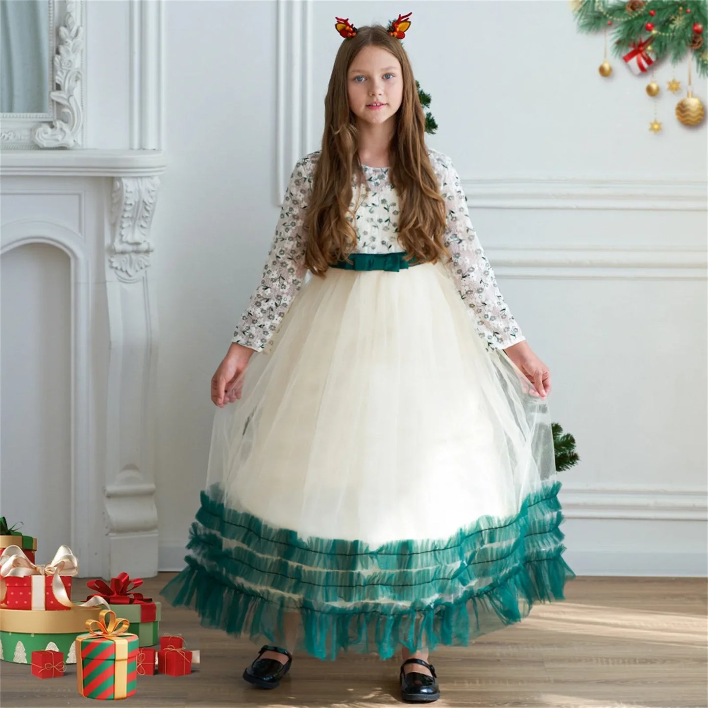 Christmas Kids Girls Green Dresses For Kids Long Sleeve Party Princess Clothes Costume 4-14 Yrs Elegant Wedding Evening Vestidos