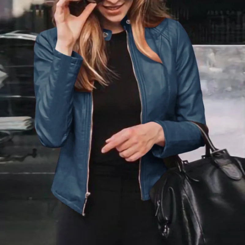 Slim Fit Faux Leather Jacket Women Classic  Zipper Coat.