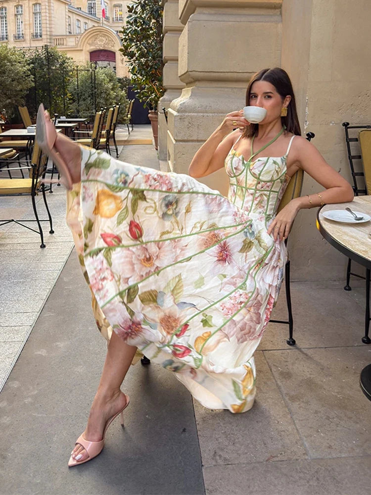 Floral Print Halter Neck Corset Waist Maxi Dress Sleeveless Flared Hem A Line Dresses 2026 Fashion Elegant Vacation Party Gown