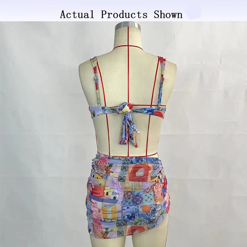 BEACHCICI Women's Bikini Three Piece Stylish Sexy Printed Tie up Pleated Suspender High Waist Thong Beach Vacation Swimsuit